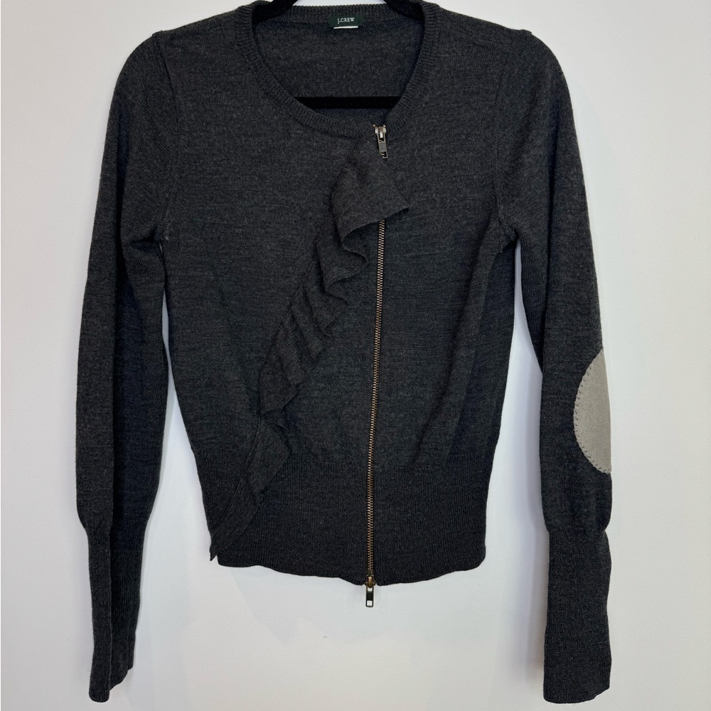 J. Crew merino wool Charcoal Knit ruffle zipper Cardigan jacket